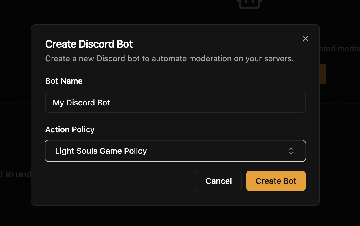 Create Discord Bot dialog