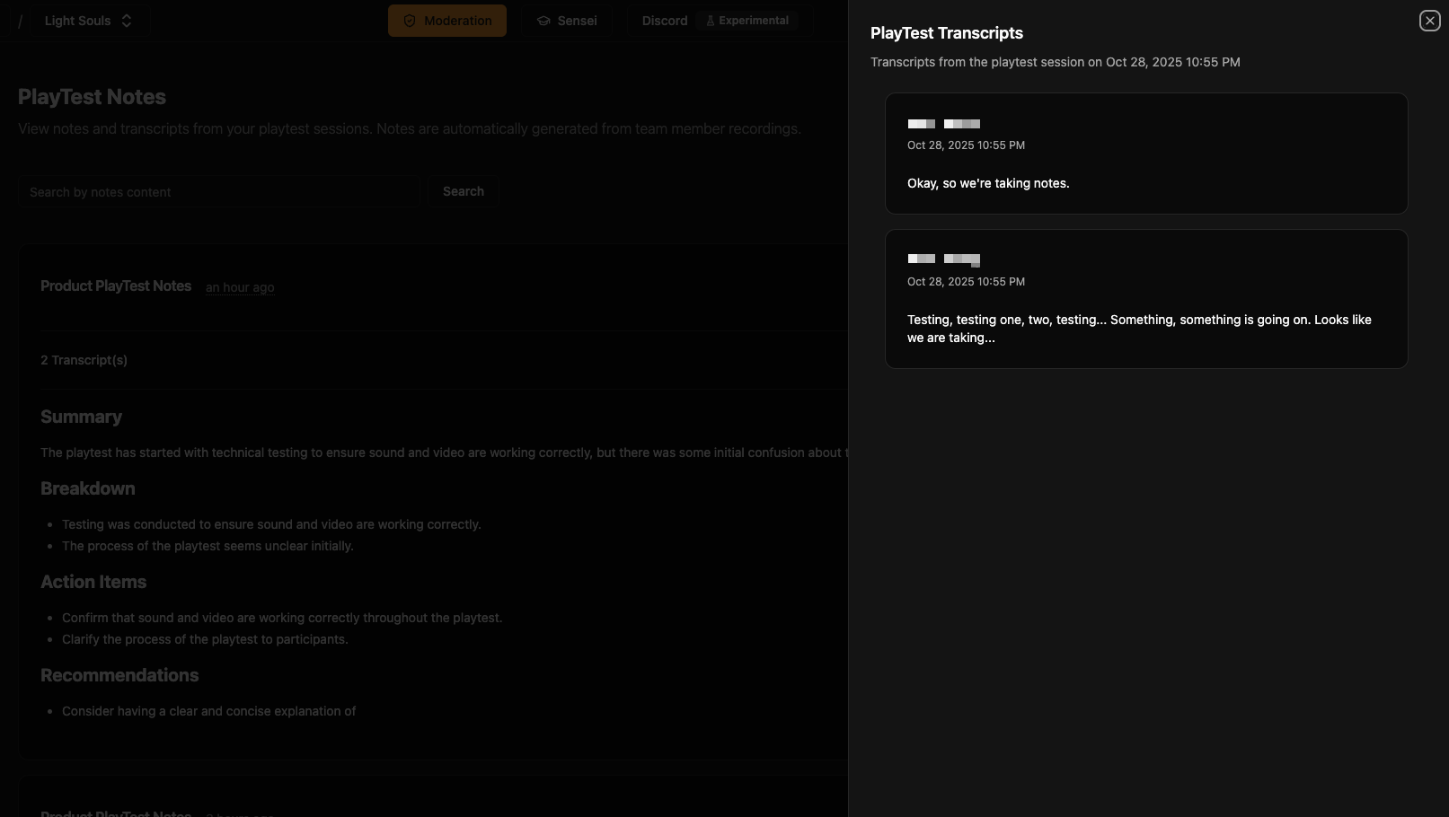 Playtest notes transcripts
